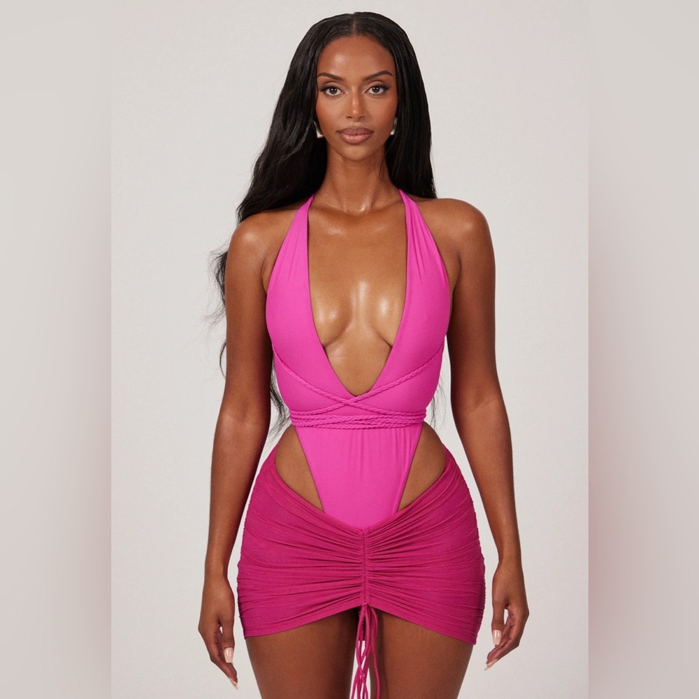 Marsthelabel mesh ruched coverup skirt in fuchsia